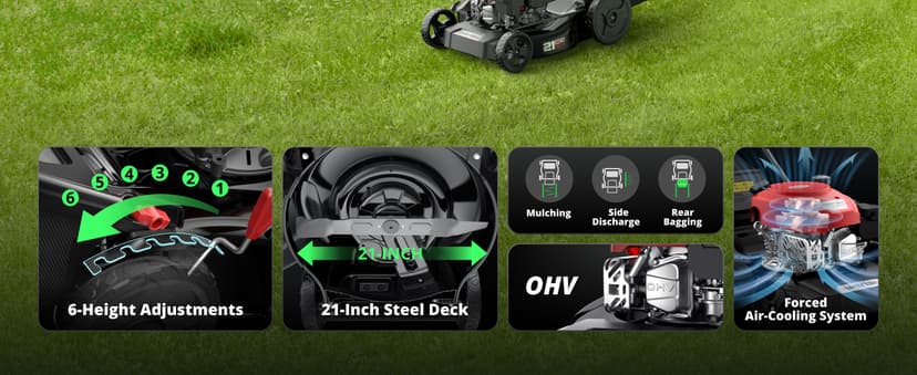 21" Steel Deck Gas Lawn Mower, Heavy-Duty 3-in-1 Push Mower, 144cc 4-Stroke Engine, 6-Position Height Adjustment, Large 1.4 Bushel Grass Catcher, Durable & Efficient for Yard & Garden