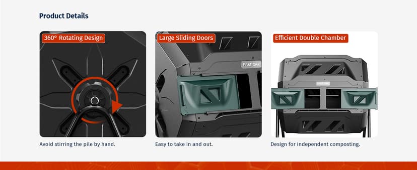 EAST OAK Compost Tumbler Outdoor, 43-Gal Dual Chamber Compost Bin with 2 Sliding Door and Aeration System, Tumbling Rotating Composter Bin for Kitchen, Garden, Yard
