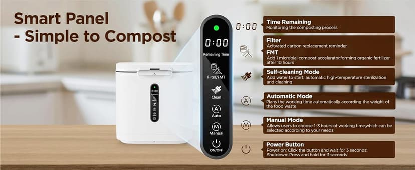 4L Electric Composter for Kitchen, Smart Compost Bin Outdoor/Indoor, Odorless/Auto-Cleaning/ 3 Modes/Intelligent LED Display, Turn Food Waste to Fertilizer for Garden, Food Waste Compost Machine