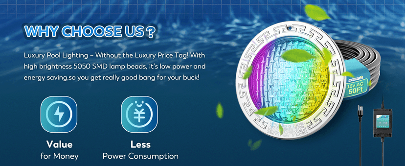 10" LED Pool Light, 12V AC Underwater Pool Spa Lights for Inground Pools, 300W Equivalent, Static Colors & Dynamic Effects, 50Ft Cord, Remote, Transformer, Fits Pentair, Hayward, Jady Niches