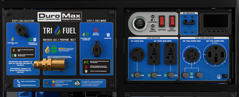 DuroMax XP13000HXT 13,000-Watt 500cc Tri Fuel Gas Propane Natural Gas Portable Generator with CO Alert, Black/Blue