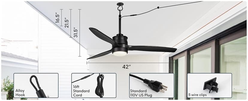 EKIZNSN 42“ Wet Rated Gazebo Ceiling Fans Outdoor Hanging for Patios Waterproof, Pergola Ceiling Fan with Light, Hook Installation, Black