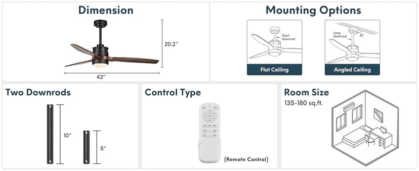 EKIZNSN 42'' Outdoor Waterproof Ceiling Fan with Light for Patios, 3 Blade Wet Rated Ceiling Fans, DC Motor w 6 Speeds, Walnut Wood
