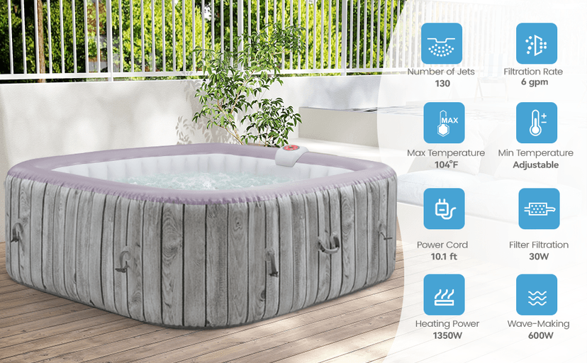 Inflatable Spa Set, Blow Up Hot Tub Outdoor for 4-6 Person, Outdoor Bubble Massage Portable Hot Tub with 130 Soothing Jets, Built in Heater Pump and 6 Filter Cartridges (Square)