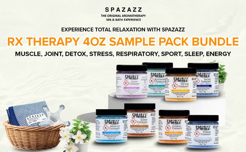 Spazazz RX Therapy Hot Tub Spa and Bath Aromatherapy Salt Crystals 4oz 8 Pack Sample Bundle Includes Muscle - Joint - Detox - Stress - Respiratory - Sport -Sleep - Energy. Great for Muscles & Joints