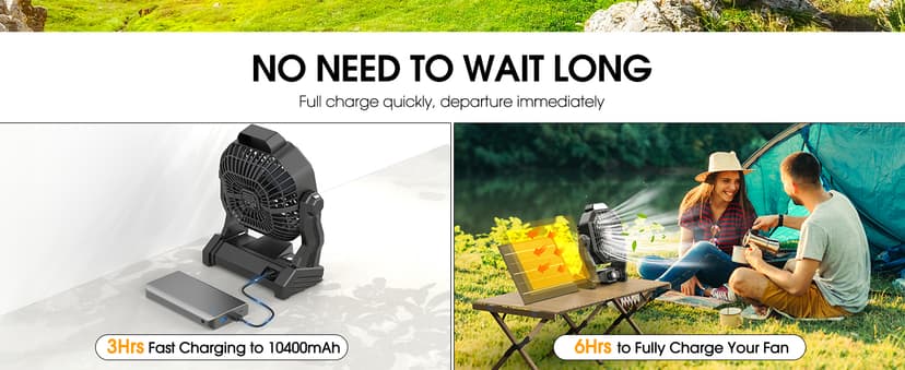 10400mAh Solar fan, Camping Fan with Solar Panel, 7W Rechargeable Solar Powered for Outside, LED Lantern, Stepless Speed and Quiet Battery Operated for Picnic, Barbecue, Fishing, Travel