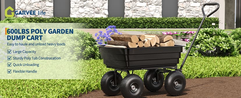 Poly Dump Cart - Heavy Duty 600lbs Garden Cart with Quick-Release Dumping & No-Flat 10" Tires, Utility Wagon for Yard Work, Landscaping, Gardening