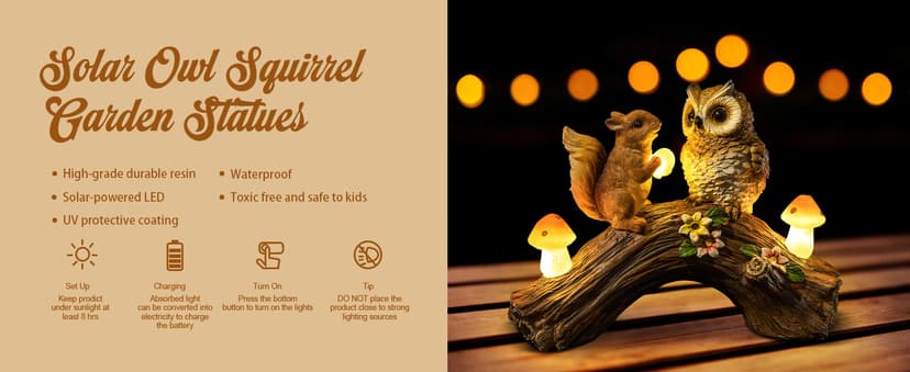 Solar Owl Garden Statues Outdoor Decor Resin Owl Squirrel Figurine with Mushroom Lights for Patio Lawn Yard Decorations Christmas Housewarming Gardening Gifts for Women Mom