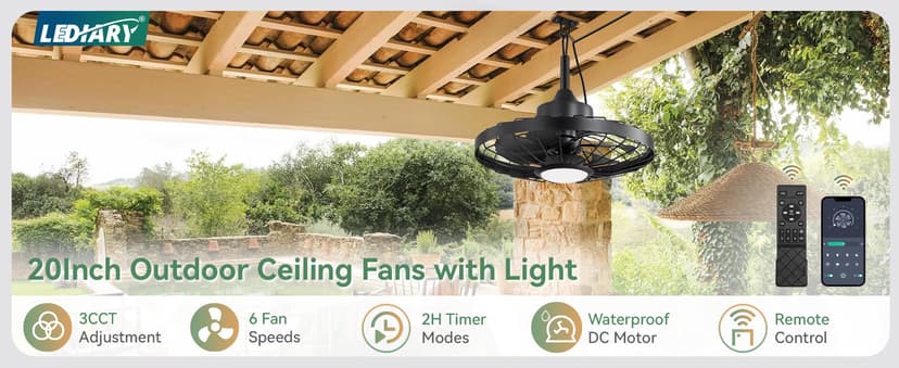 LEDIARY 20" Outdoor Ceiling Fan with Lights,IP65 Waterproof Gazebo Hanging Fan with Remote Control Smart App, Plug in Caged Ceiling Fan with 3CCT 6-Speeds for Patio Porch Pergola(Black)