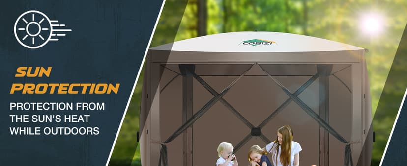 COBIZI Pop Up Gazebo Screen Tent Screen House for Camping, 8FTx8FT Screen Room with Sidewalls and Mosquito Netting, Hub Tent Instant Screened Canopy with Carrying Bag and Ground Stakes, Brown