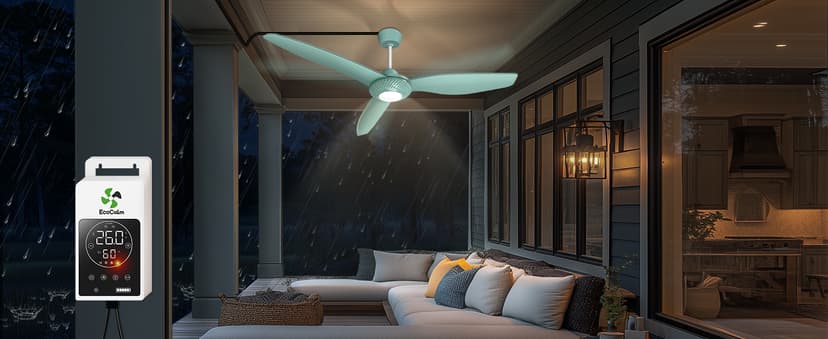 Outdoor Ceiling Fan Light for Gazebo with Battery, 52" Solar Ceiling Fan with Adjustable Thermostat & 2pcs 30W Bifacial Panels for Patios, Porch, Barn, Shed