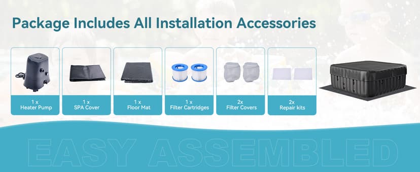 4-6 Person Inflatable Hot Tub, Large Square Portable Blow up Hot Tub, Leak-Proof PVC Outdoor Spa with 130 Air Jets, Insulated Cover and Heater Pump, 73” X 73”X 25”