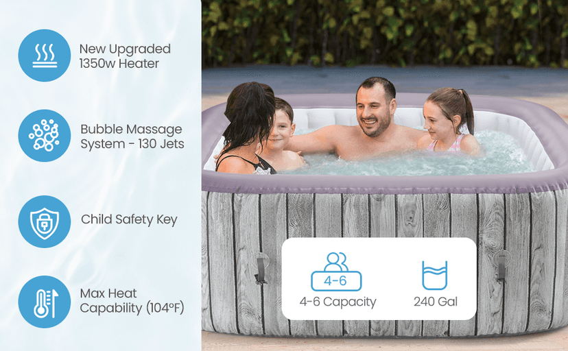 Inflatable Spa Set, Blow Up Hot Tub Outdoor for 4-6 Person, Outdoor Bubble Massage Portable Hot Tub with 130 Soothing Jets, Built in Heater Pump and 6 Filter Cartridges (Square)