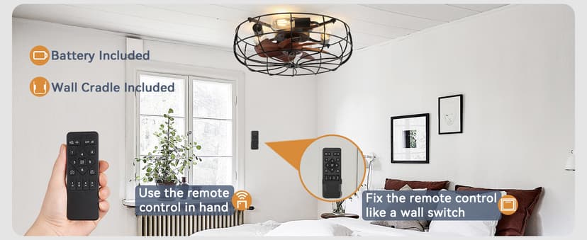 LEDIARY 20" Caged Ceiling Fans with Lights and Remote, Flush Mount Bladeless Ceiling Fan Low Profile, Small Farmhouse Industrial Enclosed Ceiling Fan with Light for Bedroom, Kitchen, Indoor