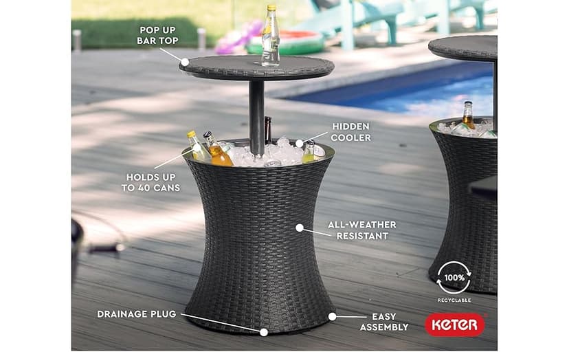 Keter Pacific Cool Bar Outdoor Patio Furniture and Hot Tub Side Table with 7.5 Gallon Beer and Wine Cooler, Dark Grey