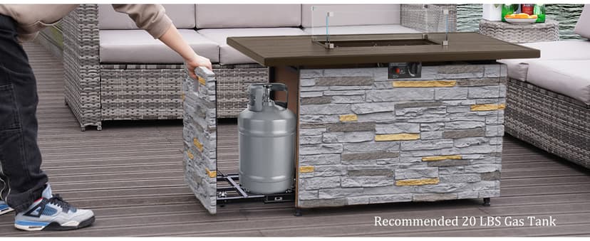 43" Propane Fire Pit Table Outdoor Rectangular Stone Firepit Table 50000 Btu Propane Fire Tables for Outside Patio with Glass Wind Guard, Lid, Fire Glass Beads, Pizzello Caldo (Gray Stone)