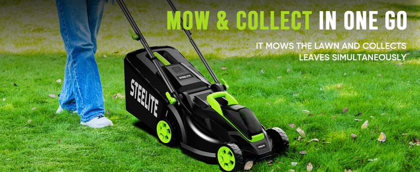 Steelite 13.2” Electric Lawn Mower for Small Yards - 2-in-1 Compact, Lightweight Brushless Motor, 21V 4.0Ah Battery & Charger Included, Green