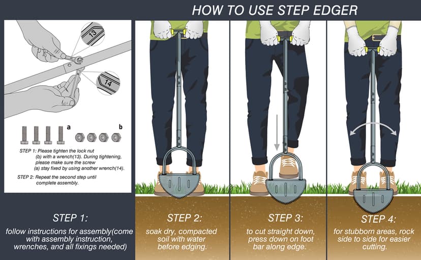 Colwelt Saw-Tooth Edger Lawn Tool, Half Moon Lawn Edger with T-Grip, Sidewalk Grass Long Handled Step Edger, 38-Inch