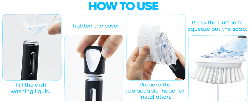 AJXX Dish Brush with Soap Dispenser Storage Set, Dish Soap Brush with 2 PCS Brush Heads & Holder, Soap Dispenser Brush with Handle, Dish Brush with Soap Dispenser, for Utensils, Pans, Sinks, Cookware