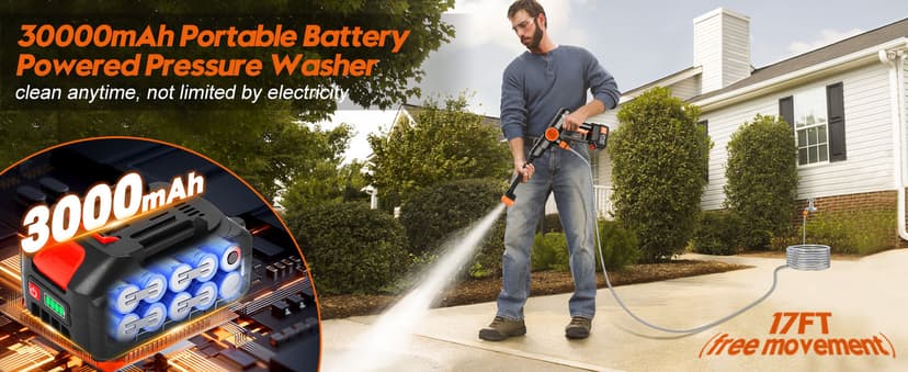 Lemolify 6000mAh Battery Pressure Washer, Electric Power Washer Cordless, Portable Car Pressure Washer Handheld with 6-in-1 Nozzle,17FT Drain Hose, Power Cleaner for Patio Floor Fence Deck,2 Battery