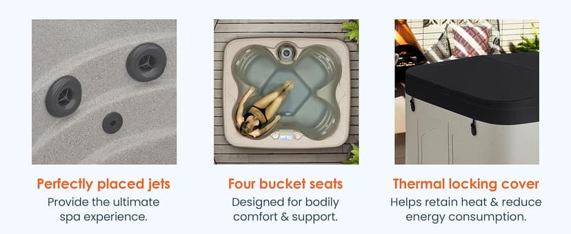 LifeSmart 4-Person Hot Tub, Outdoor Spa with Cover and LED Lights, Square, Beige - Above-Ground Spa Machine with Accessories for Home and Personal Relaxation