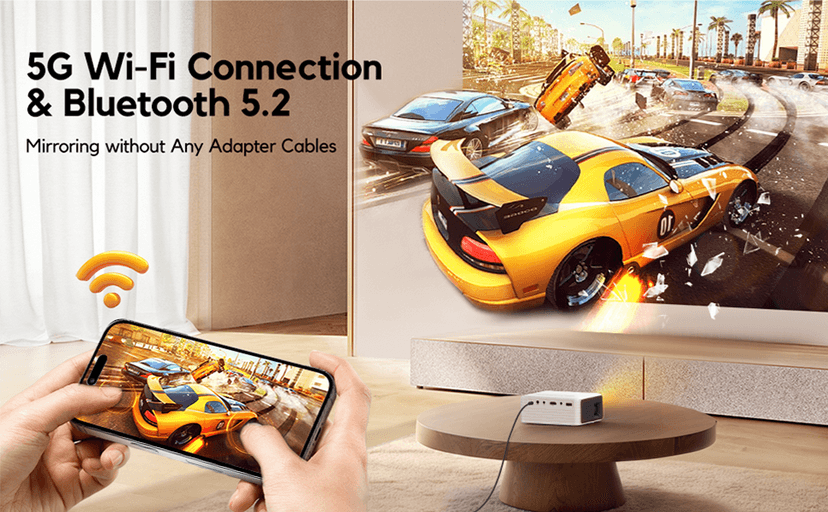 Mini Projector with WiFi and Bluetooth, AKIYO 1080P Supported Projector with Projector Stand, Portable Movie Projector for Home Theater/Outdoor, Compatible with iOS/Android/Laptop/TV Stick/HDMI/PS5