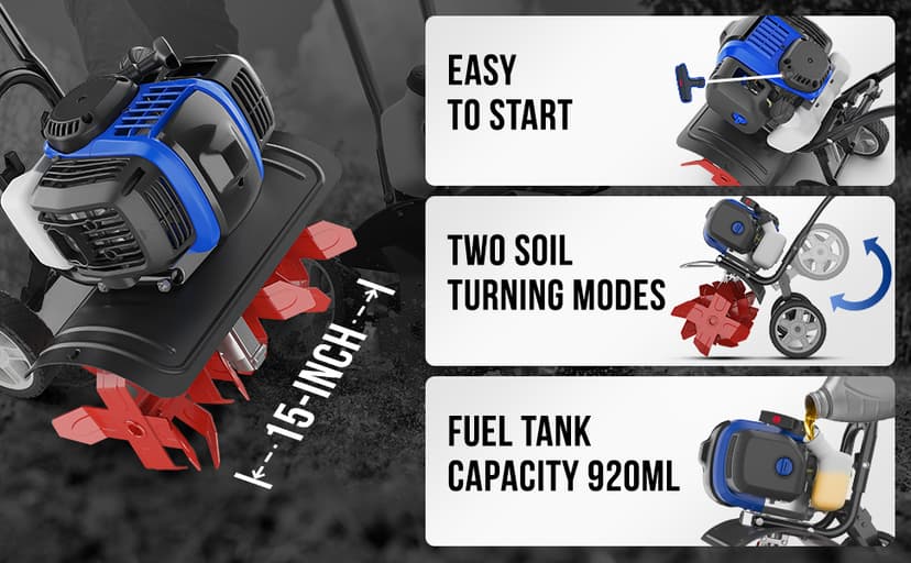 Garden Tiller 53cc Mini Cultivator 15 inch Powerful Liftable Booster Rod Tilling Tool for Lawn, Garden and Field Soil Cultivation