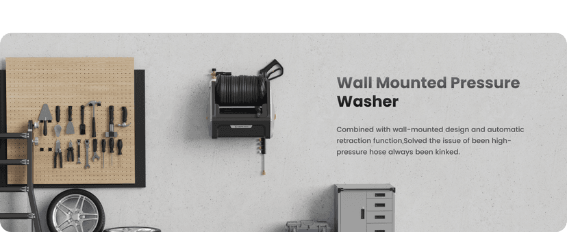 Giraffe Tools Grandfalls Pressure Washer, Max 2900 PSI, 2.2 GPM Electric Wall Mounted Power Washer with 100ft Retractable Pressure Hose, Foam Cannon, 4-Nozzles for Car/Driveways/Patios, Light Silver