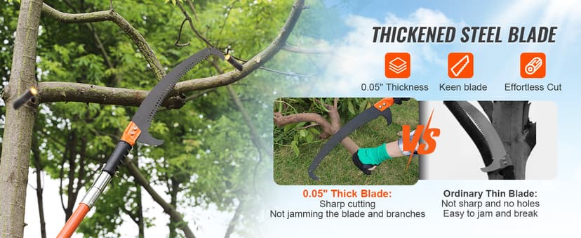 VEVOR Manual Pole Saw, 7.3-27 ft Extendable Tree Pruner, Sharp Steel Blade and Scissors High Branches Trimming, Branch Trimmer with Lightweight 8 Fiberglass Handles, for Pruning Palms and Shrubs