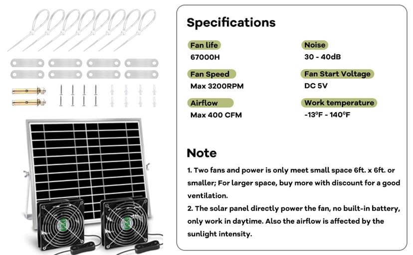 Solar Powered Fan, Solar Fan for Shed, Chicken Coop, Greenhouse, Outside with Two IPX7 Waterproof 5In Fans 13Ft On/Off Switch Cable Exhaust Intake Mounting Way and Installation Kits