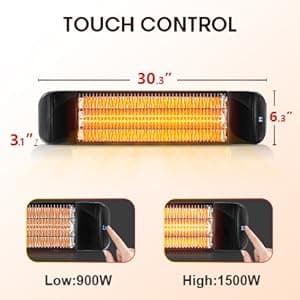 Electric Patio Heater with Remote Control - 1500W Carbon Infrared Outdoor Heaters for Patio, IP65 Waterproof, 2 Levels of Power - 120V Wall Mounted Space Heater for Bedrooms, Backyards, Garages, Black