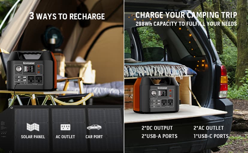 EnginStar Portable Power Station 300W 296Wh Battery Bank with 110V Pure Sine Wave AC Outlet for Outdoors Camping Hunting and Emergency, 80000mAh Backup Battery Power Supply for CPAP