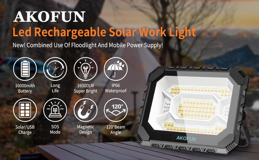 200W LED Solar Work Light Rechargeable, 16000LM Magnetic Worklight 3000K/4500K/6500K, 16000mAh Battery, IP66 Waterproof Portable Solar Outdoor Working Light for Emergency, Camping, 2 Pack