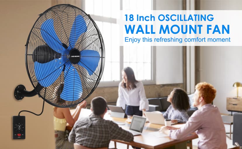 KEN BROWN 18 Inch 3-Speed High Velocity Industrial Oscillating Fan, Wall Mount Fan with Max. 4200 CFM, Seperated Switch and 5 Blades, Heavy Duty Metal for Household/Patio/Workshop, Blue