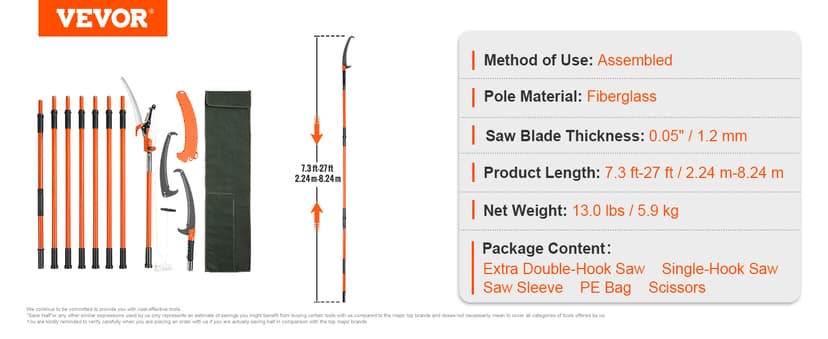 VEVOR Manual Pole Saw, 7.3-27 ft Extendable Tree Pruner, Sharp Steel Blade and Scissors High Branches Trimming, Branch Trimmer with Lightweight 8 Fiberglass Handles, for Pruning Palms and Shrubs