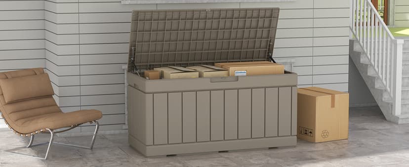 Patiowell 82 Gallon Resin Deck Box, Waterproof Large Wood Look Storage Box for Patio Furniture, Pool Accessories, Garden Tools and Sports Equipment, Lockable, Grey