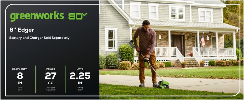 Greenworks 80V 8" Brushless Cordless Edger, Battery and Charger Not Included