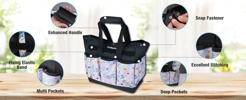 WORKPRO Garden Tool Bag, 9 Pockets Gardening Bag, Heavy Duty Oxford Garden Tote Caddy (Tools NOT Included), 12" x 12" x 6" (Floral White)