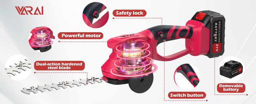 Hedge Trimmer Cordless, 2 in 1 Cordless Hedge Trimmer with 2600mAh Battery*2, High Power and Large Capacity Hedge Shears for Gardens, Patios and Lawns Charger Included