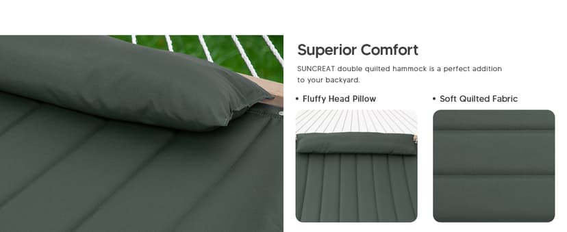 SUNCREAT Double Hammock for 2 Person, Extra Large Outdoor Portable Hammock with Hardwood Spreader Bar, Soft Pillow, 475 lbs Capacity, Gray Green