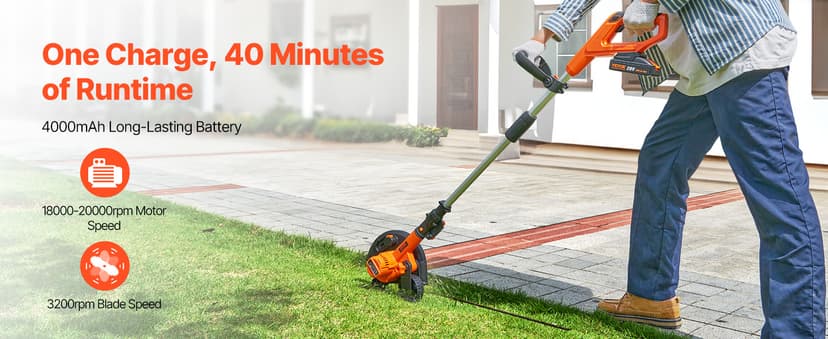 VEVOR Lawn Edger, 9-inch Large Blade, 20 V Battery Powered Cordless Edger Lawn Tool with 3-Position Blade Depth, Adjustable Handle, with Battery and Charger, for Lawns, Driveways, and Sidewalk Edges