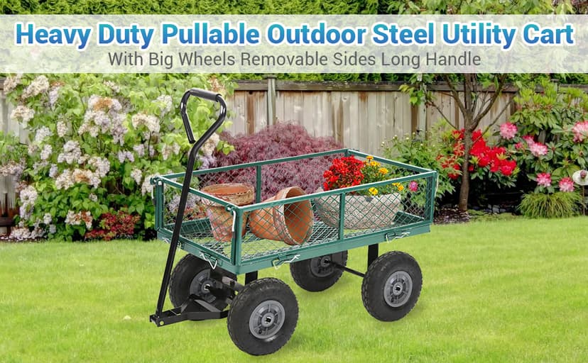 Garden Cart Wagon - 400 lbs Capacity Heavy-Duty Steel Mesh Utility Cart with Removable Sides, All-Terrain Wheels & Pull Handle for Yard, Lawn & Garden Hauler