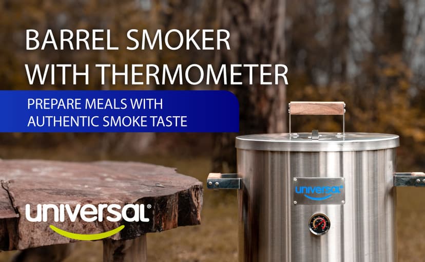 Universal 20-pound Stainless Steel (25-servings) Charcoal Barrel Smoker with Thermometer & Airlock system - 20.5"x 29.6" x ⌀15.5", 2 in 1 Vertical Grill and Smoker, Slow Cooking Barrel
