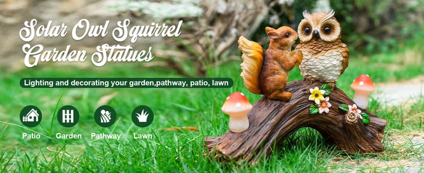 Solar Owl Garden Statues Outdoor Decor Resin Owl Squirrel Figurine with Mushroom Lights for Patio Lawn Yard Decorations Christmas Housewarming Gardening Gifts for Women Mom