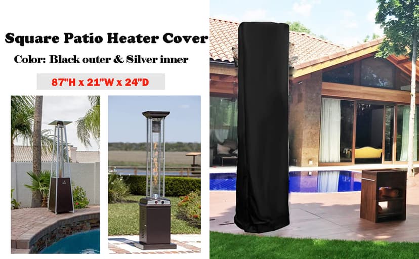 Patio Heater Cover, Outdoor Standing Square Heater Covers with Zipper Waterproof Windproof Thicker Oxford (Black, 87" H x 21" W x 24" D Inch)