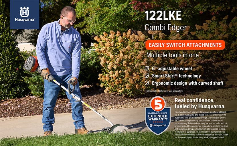 Husqvarna 122LKE Gas Edger, Multi-Purpose Tool with Lawn Edger Attachment, Features 6-Inch Adjustable Wheel and Curved Shaft