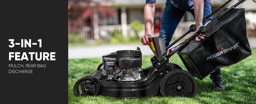 PowerSmart Self Propelled Gas Lawn Mower, 22 in. with 170cc OHV Engine, 3-in-1 Rear-Wheel-Drive High Wheels, Black
