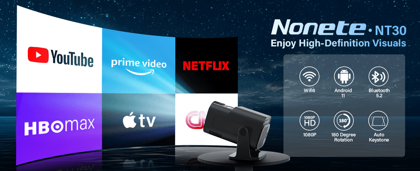 Projector 1080P Full HD, 4K Projector with 180° Rotation, Built-in App Portable Projector WiFi 6 & Bluetooth 5.2 Support,Featuring Auto Keystone Correction,HDMI/USB Connectivity Projector Black