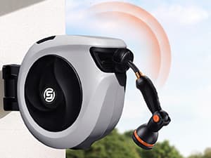 SUNPOW Retractable Garden Hose Reel 1/2 Inch x 33ft - Wall Mounted Hose Reel with 3/4 Inch Brass Fittings & 10-Pattern Nozzle - Auto Rewind System, Any Length Lock, 180° Swivel Bracket