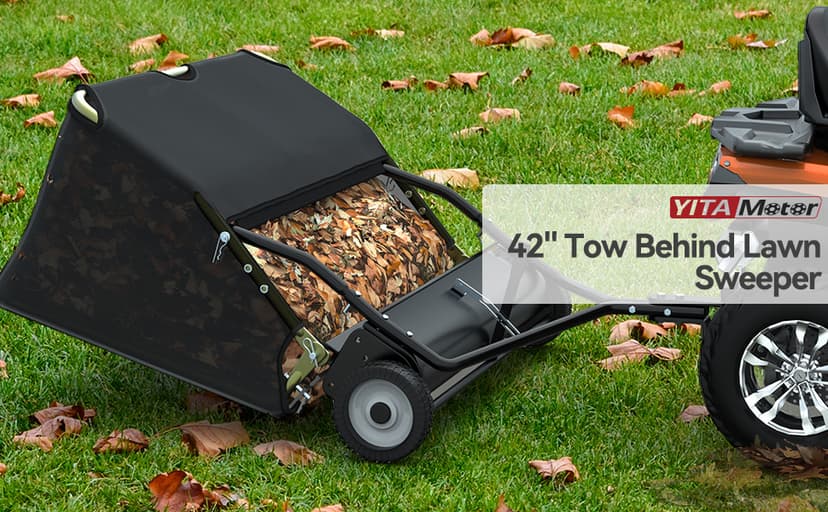 YITAMOTOR 42" Tow Behind Lawn Sweeper Leaf Collector Pull Behind Grass Sweeper Large Hopper Black